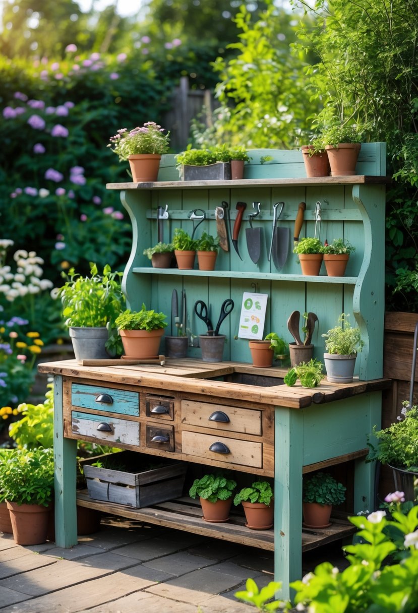 A potting bench made from reclaimed kitchen shelves and old furniture in a garden with gardening tools and potted plants.