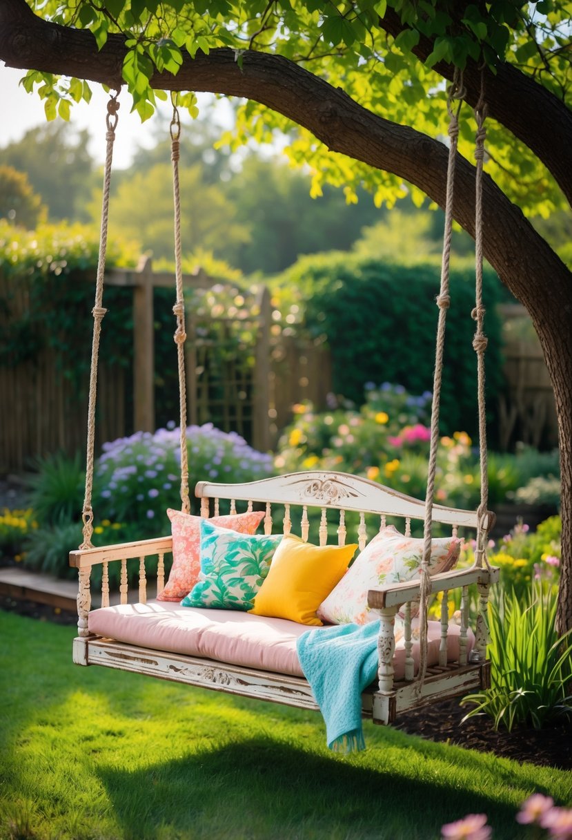 An antique wooden crib converted into a swinging garden bench surrounded by colorful flowers and greenery in a sunny garden.