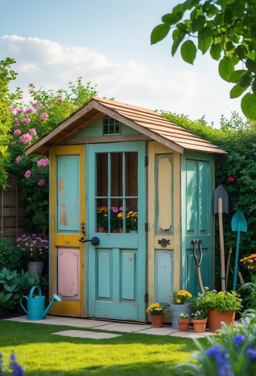 Small garden tool shed made from old doors and furniture surrounded by plants and gardening tools.