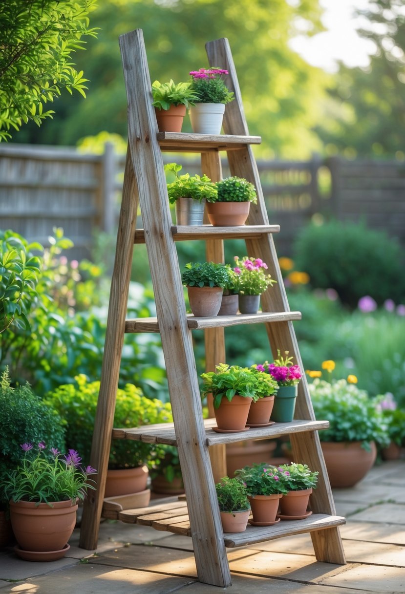 A wooden ladder used as a tiered plant stand holding various potted plants in a garden.