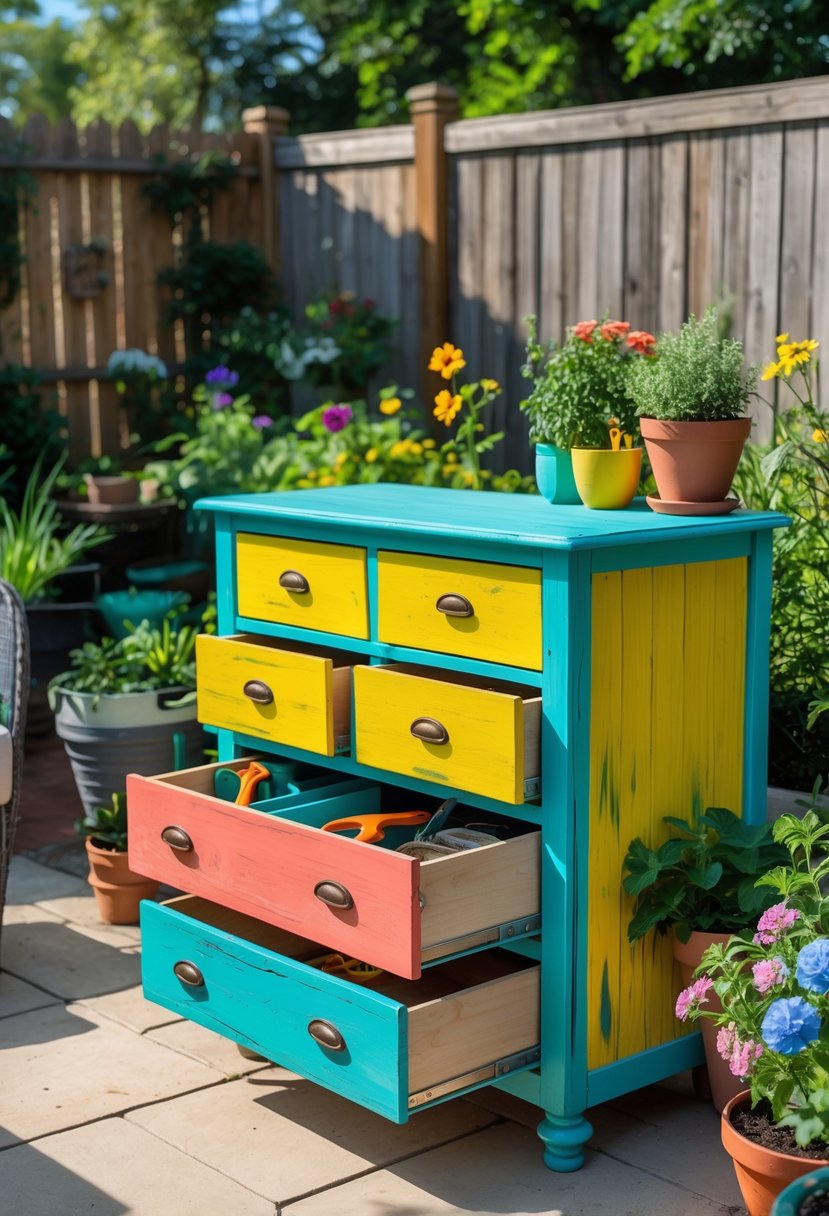 An old dresser painted in bright colors used as a storage unit on a patio surrounded by plants and gardening tools.