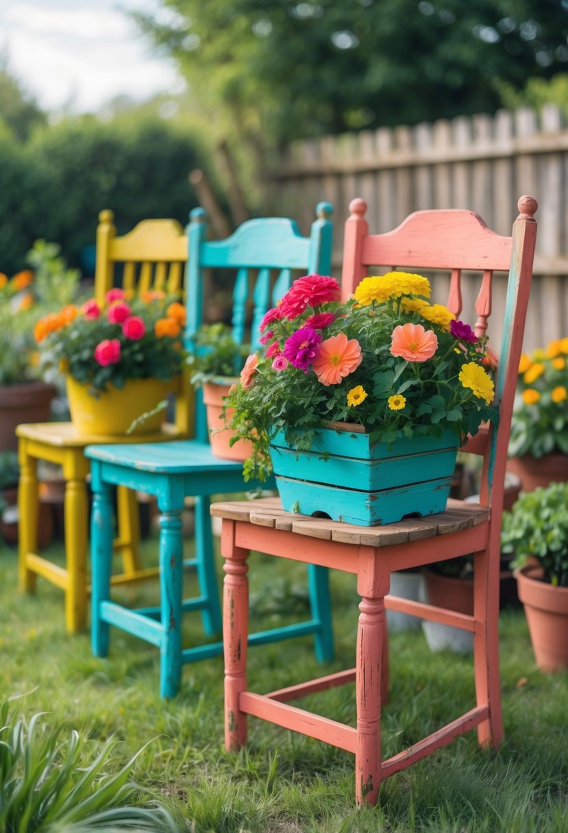 Old wooden chairs painted in bright colors and used as flower pots with blooming flowers in a garden setting.