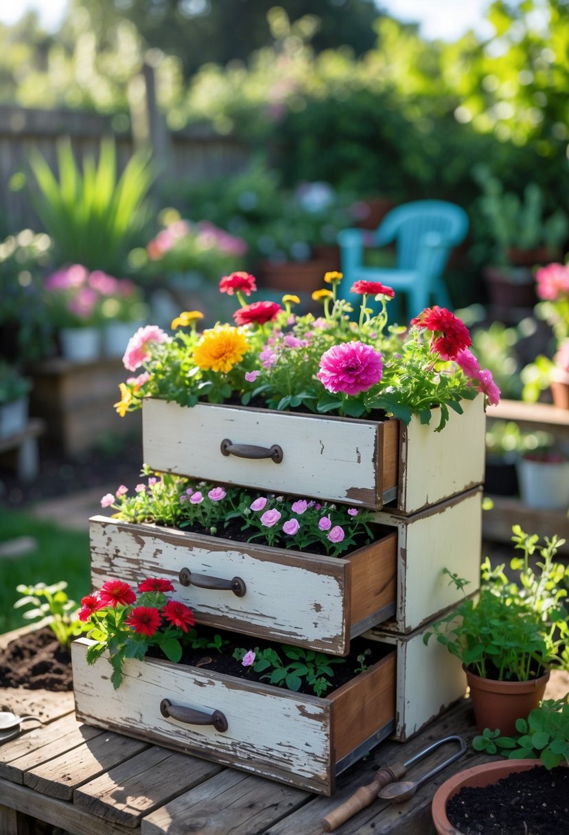 Old wooden drawers used as flower boxes filled with colorful flowers in a garden setting.