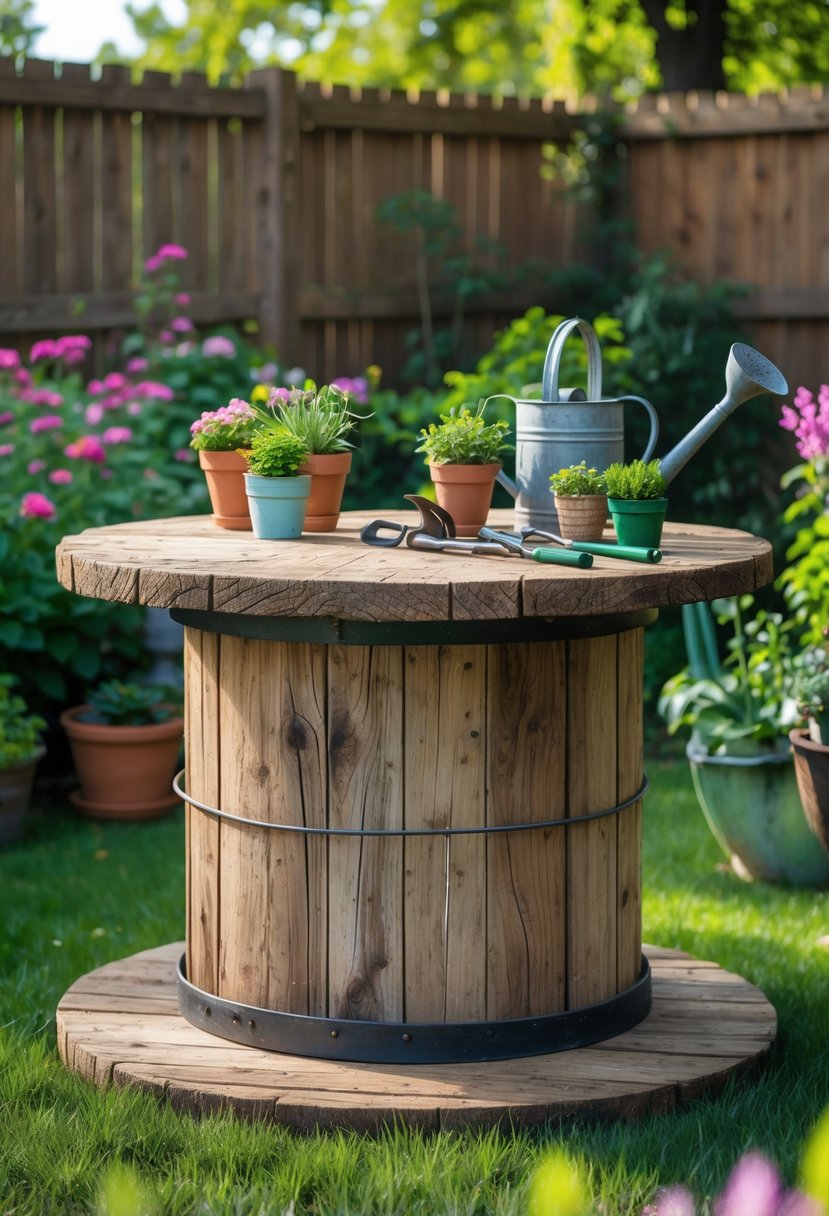 A wooden cable spool converted into a garden table surrounded by plants and gardening items in a garden.