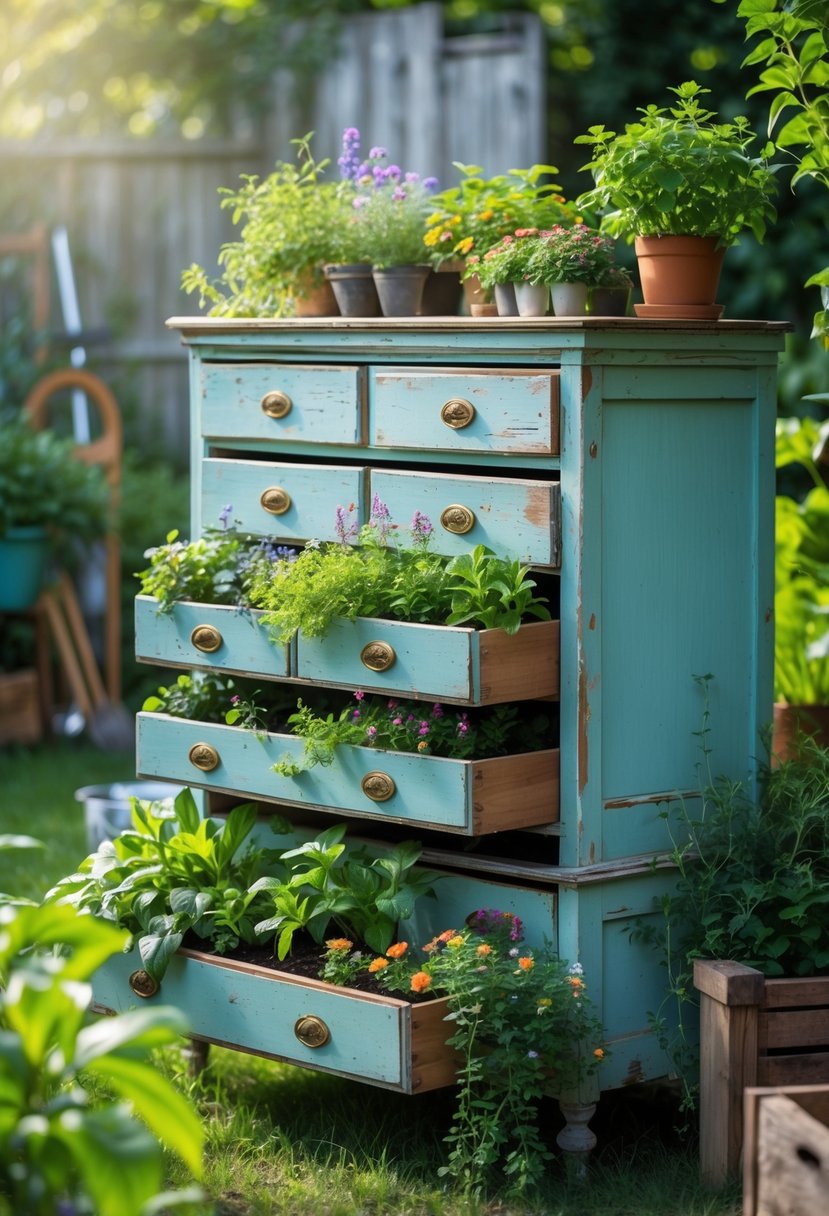 A vintage wooden dresser used as a multi-tiered planter filled with various green plants and flowers in an outdoor garden.