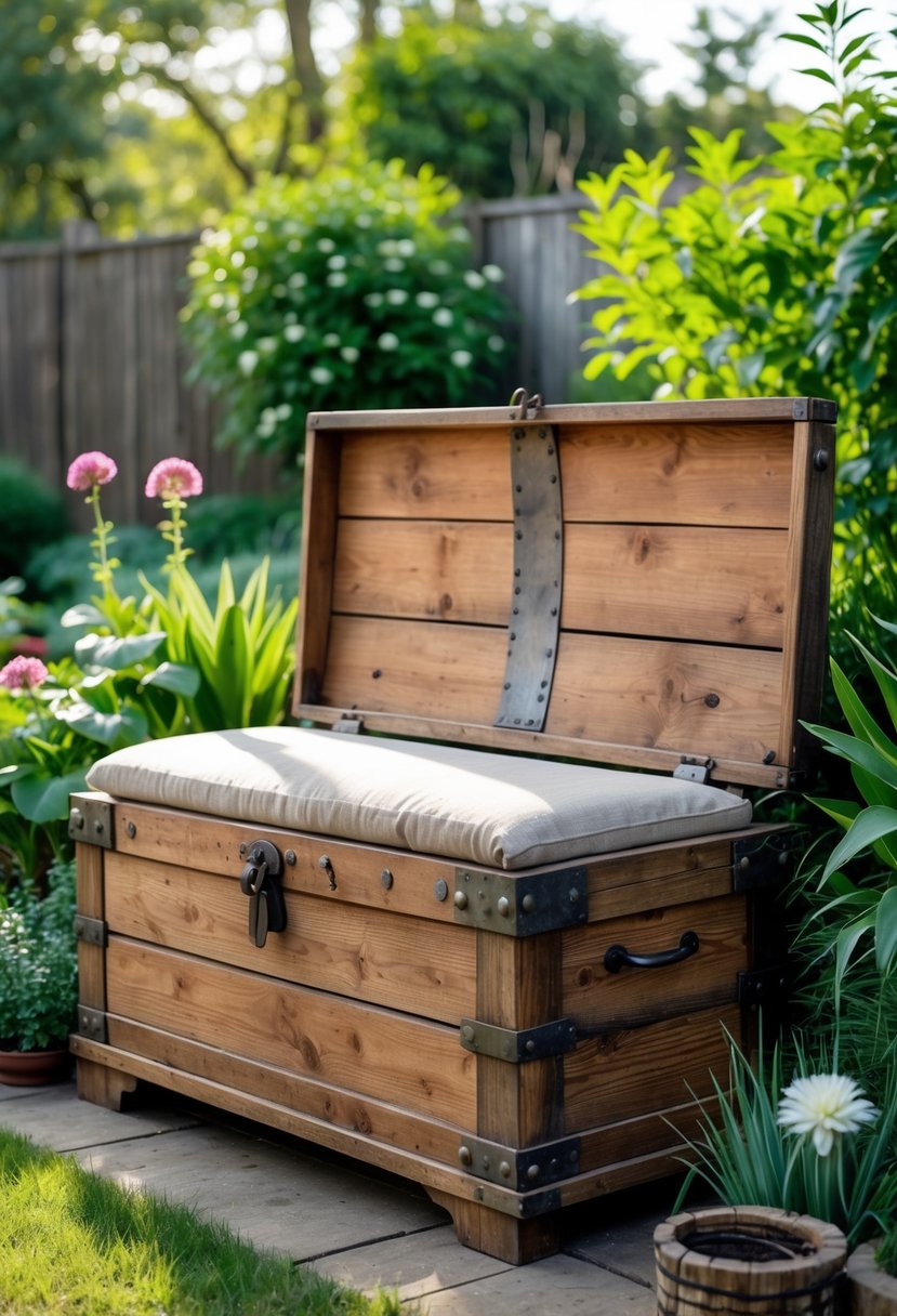 A vintage wooden chest transformed into a cushioned storage bench placed in a garden surrounded by green plants and flowers.