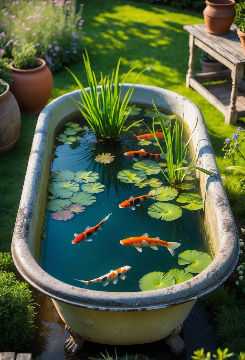 An old bathtub converted into a small garden pond with water plants and fish, surrounded by grass and flowers.