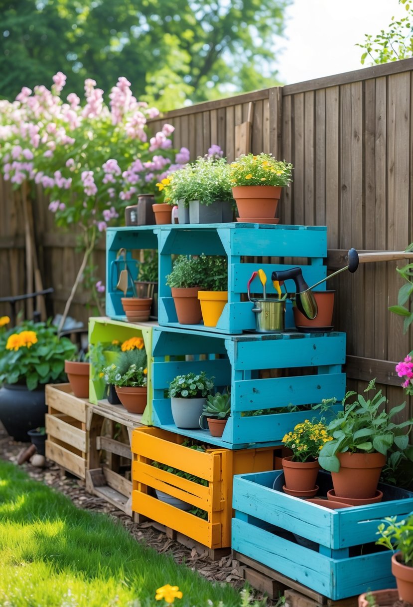 Outdoor garden with colorful painted wooden crates stacked as shelving holding potted plants and gardening items.