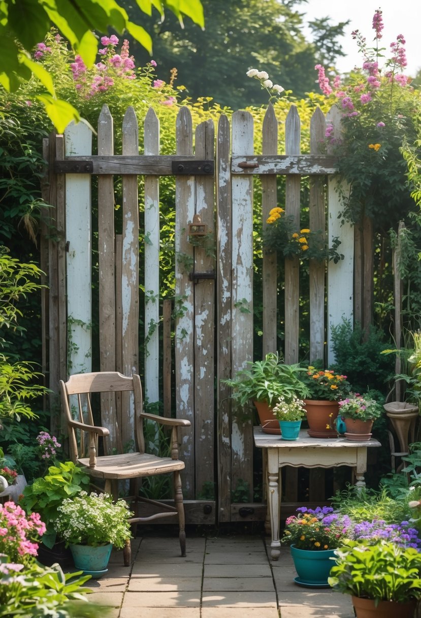 A garden scene with an old wooden fence gate used as a backdrop, surrounded by plants and flowers, with repurposed vintage furniture placed in front.