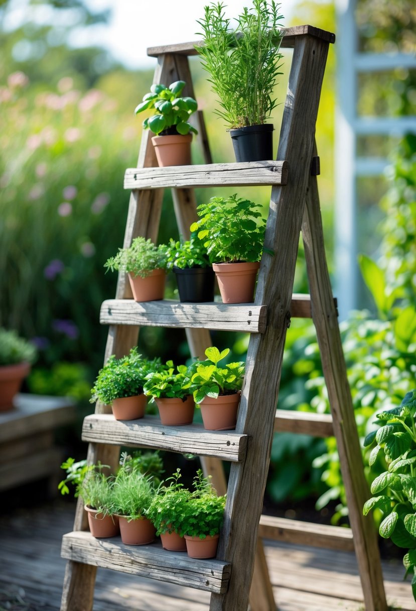 An old wooden ladder converted into a vertical garden with pots of fresh green herbs arranged on its steps outdoors.