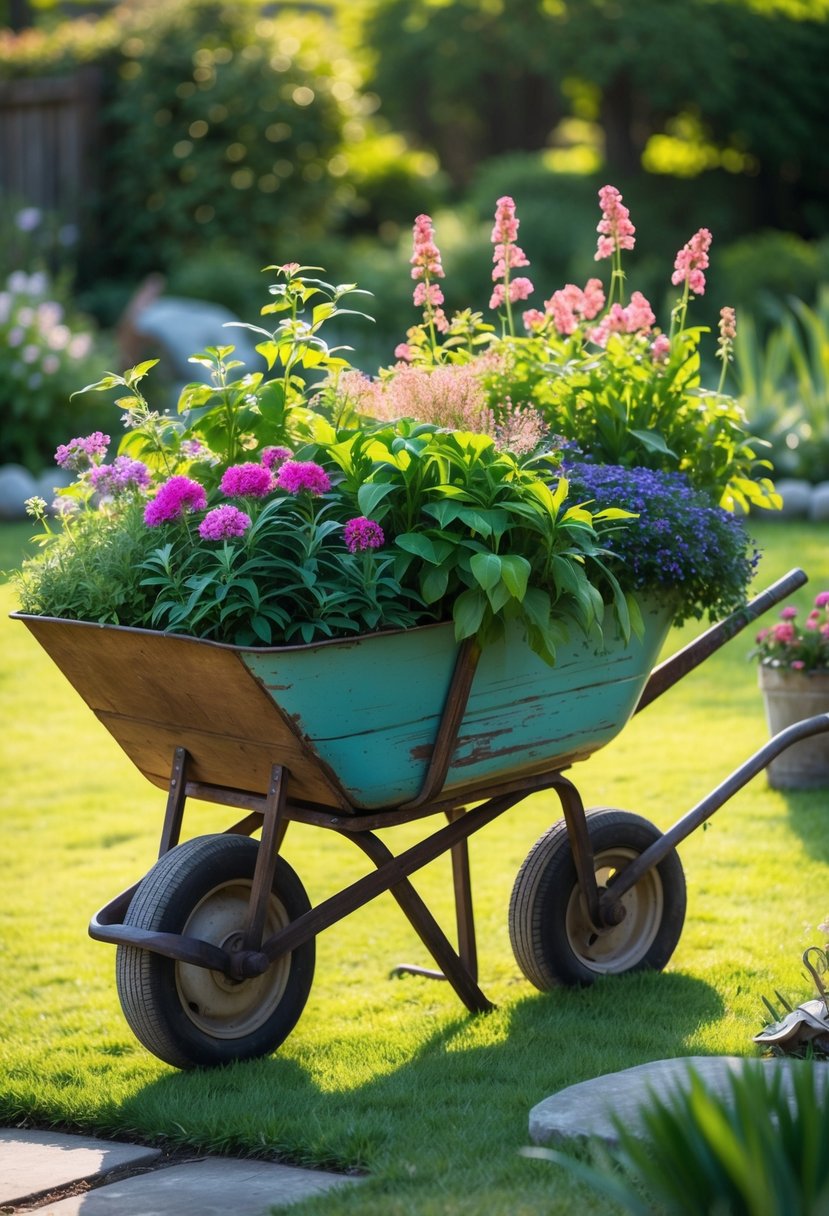 An old wheelbarrow filled with colorful flowers and green plants, placed outdoors in a garden setting.