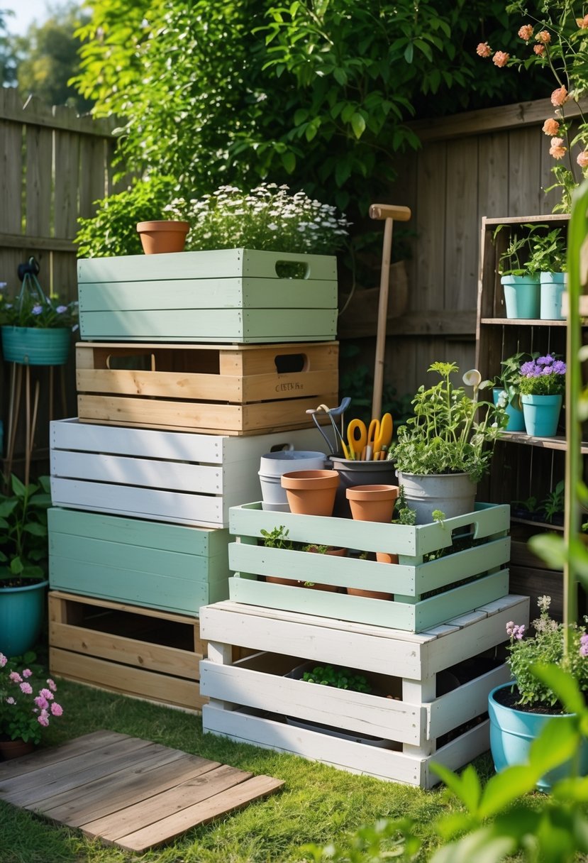 Stacked painted wooden crates used as garden storage surrounded by plants and gardening tools.