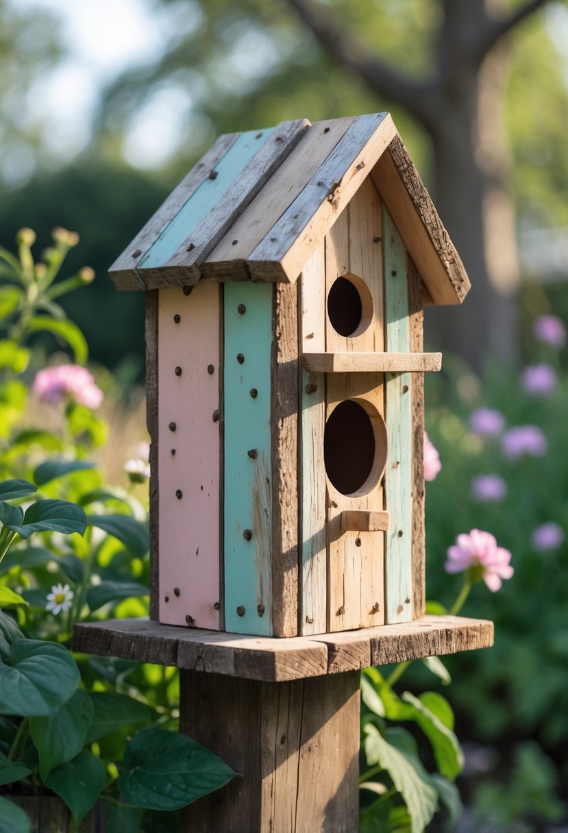 A handmade birdhouse made from scrap wood and old furniture, mounted on a post in a green garden with flowers.