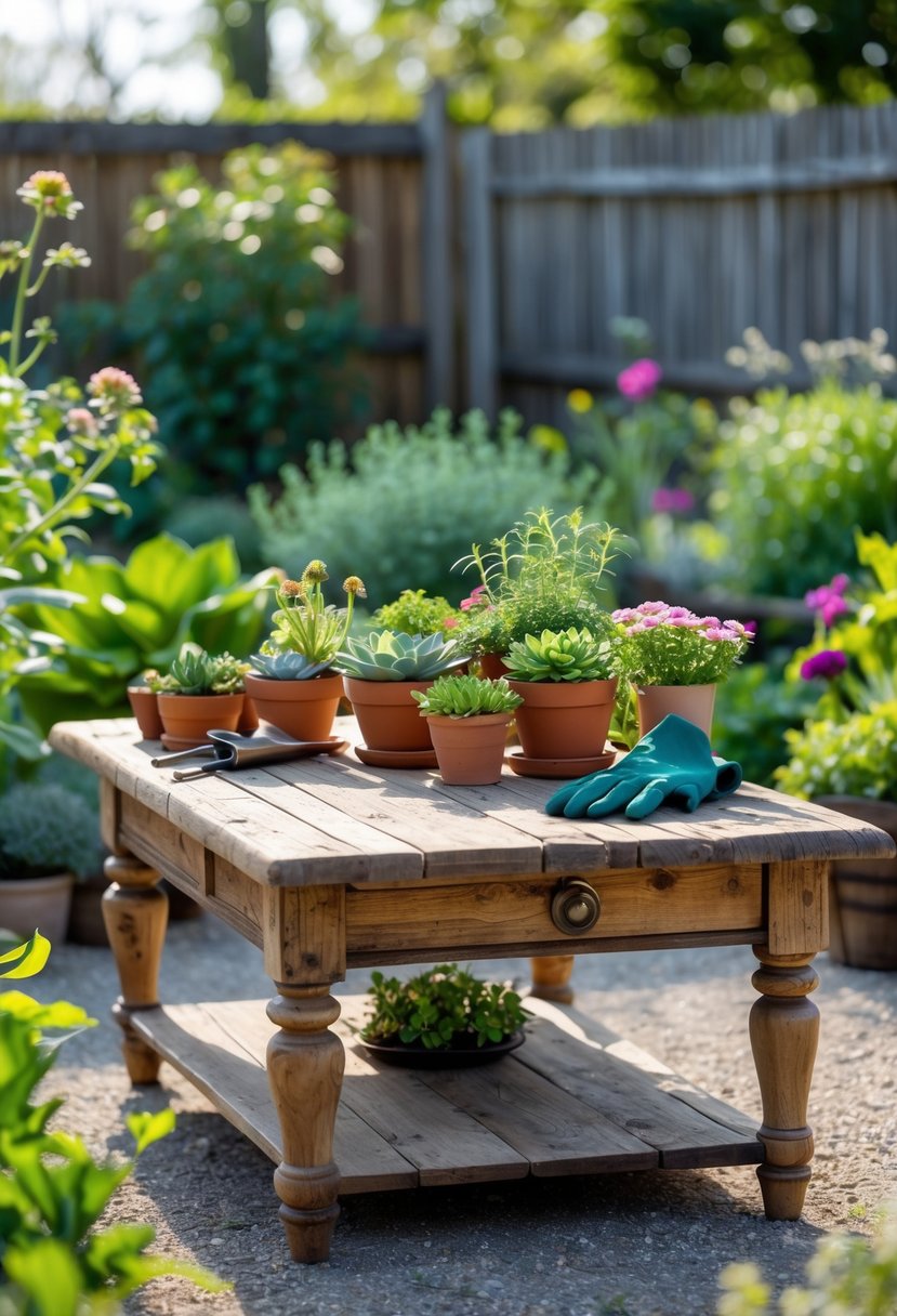 A worn wooden coffee table outdoors repurposed as a garden display with potted plants and gardening tools surrounded by greenery.