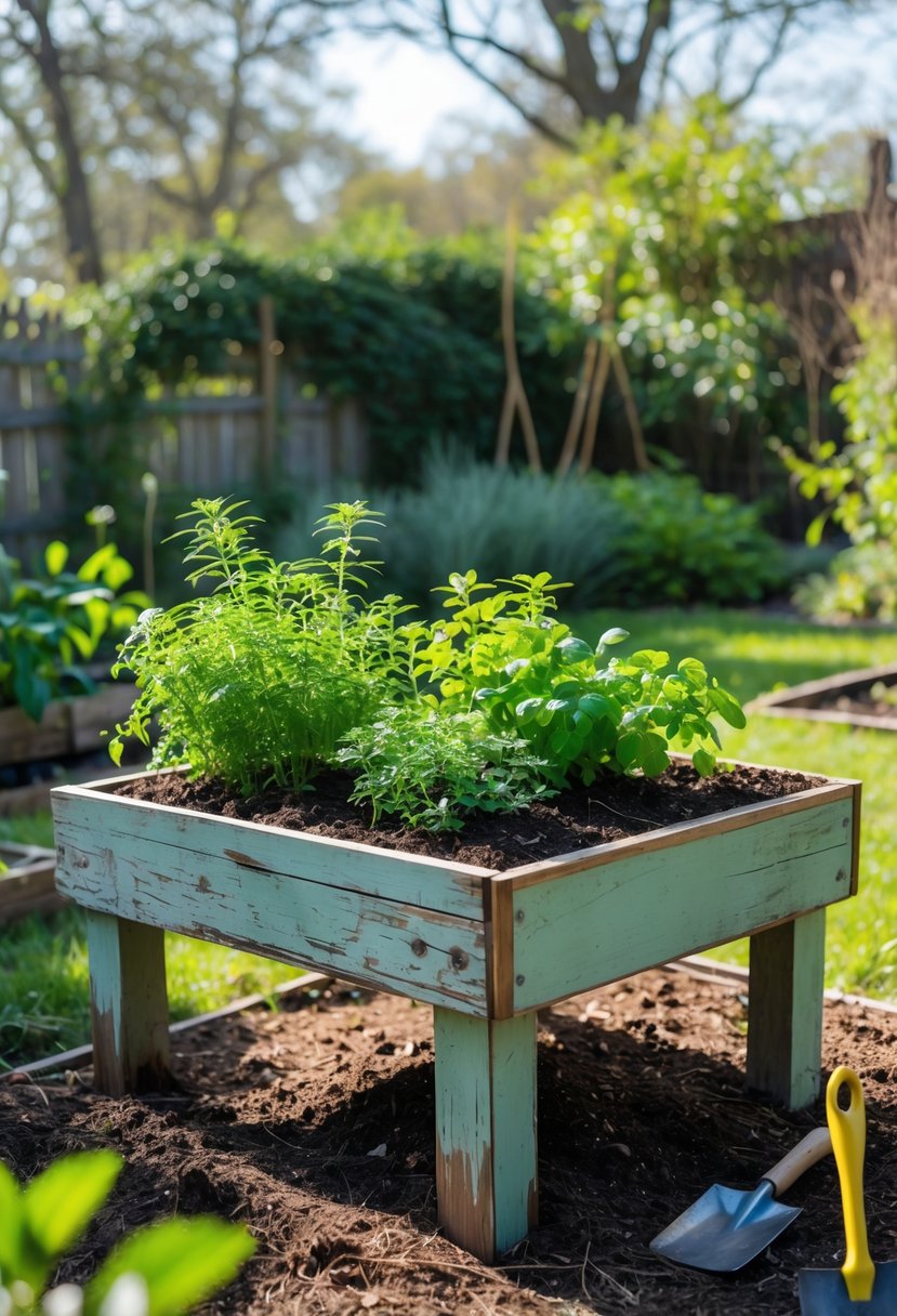 An old wooden coffee table converted into a raised garden bed filled with green plants and herbs outdoors.
