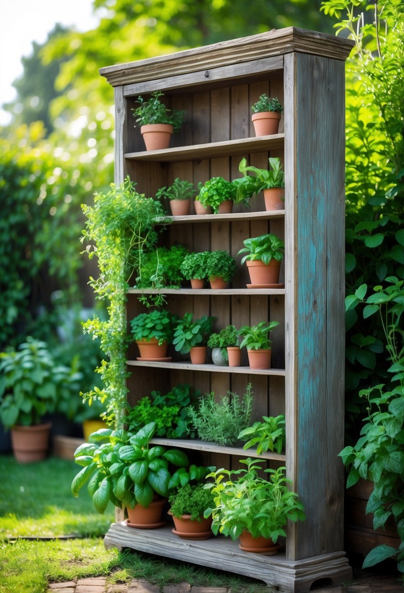 An old wooden bookcase turned into a vertical herb garden with various green herbs growing on its shelves outdoors.