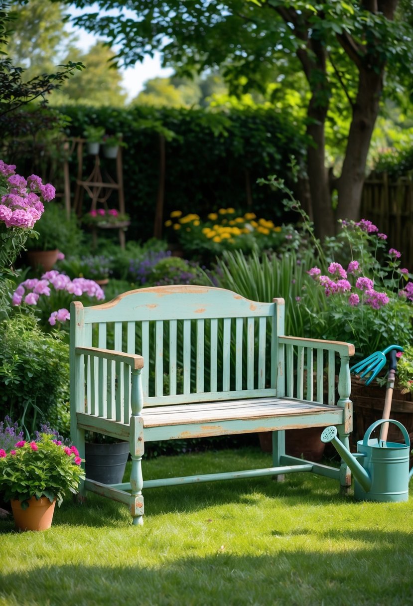 A wooden crib repurposed as a garden bench surrounded by flowers and plants in a sunny garden.