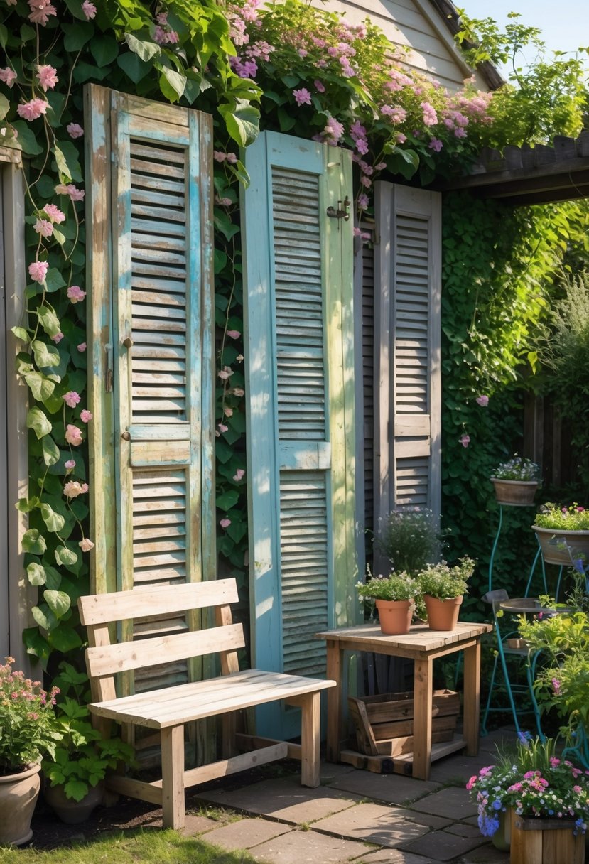 A garden wall decorated with old wooden shutters surrounded by plants and upcycled wooden furniture.