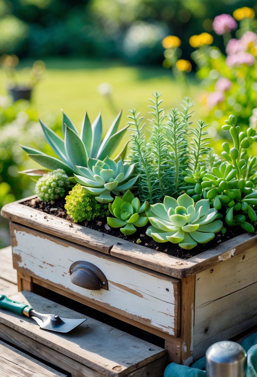 Old wooden drawer filled with various succulent plants placed outdoors on a wooden surface with gardening tools nearby and a garden in the background.