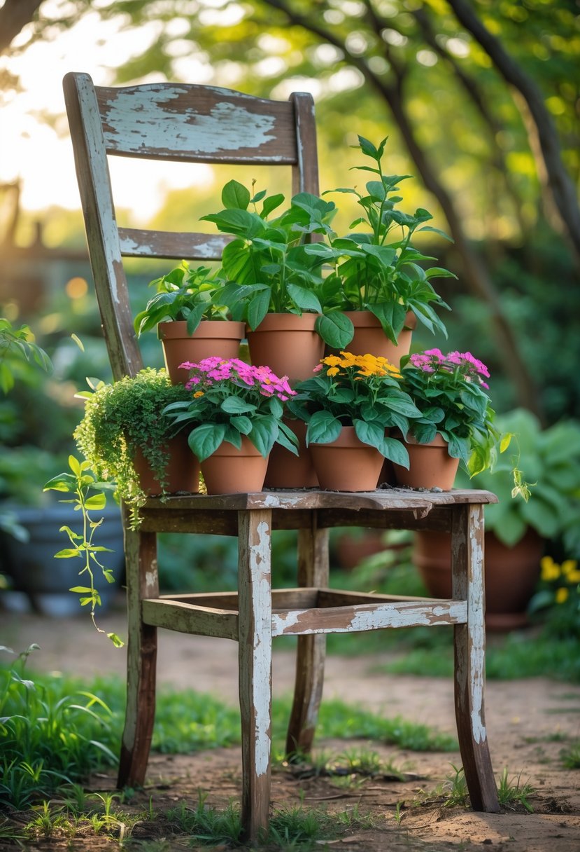 A broken wooden chair used as a stand holding potted plants in a garden setting.