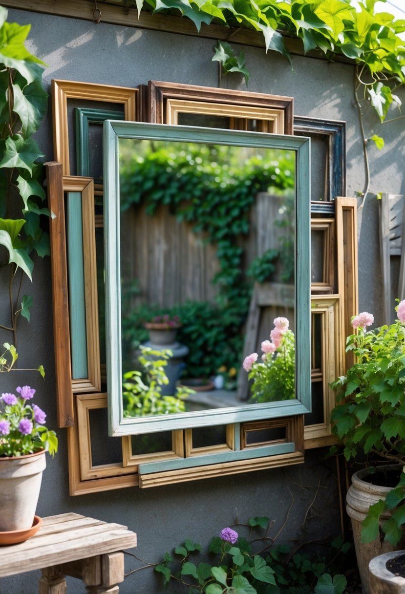A garden mirror made from old picture frames surrounded by plants and flowers outdoors.