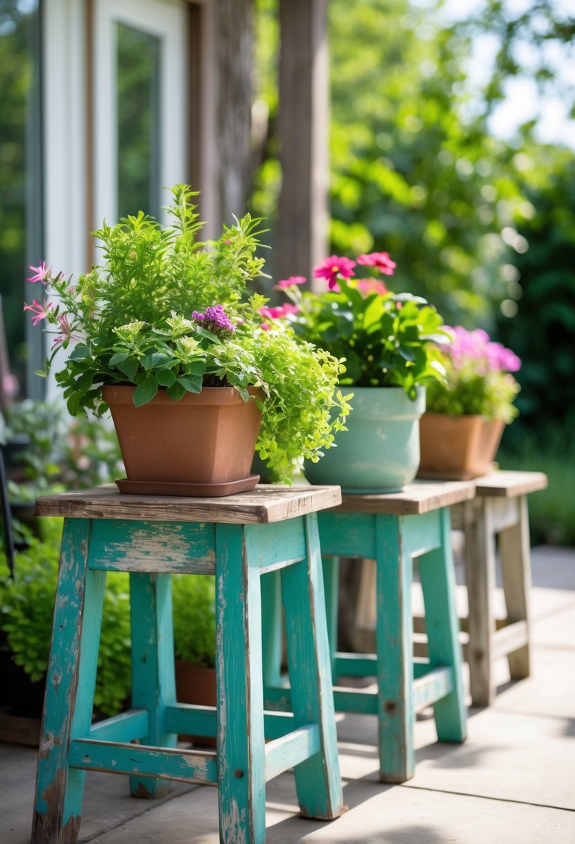 Old wooden stools used as small tables holding potted plants in a sunny garden patio.