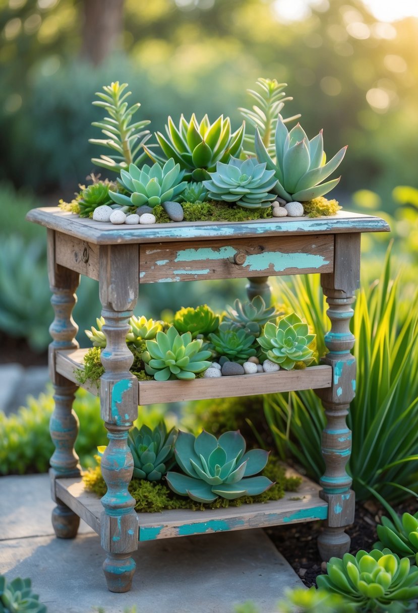 An old wooden side table repurposed as a garden filled with various green succulents outdoors.