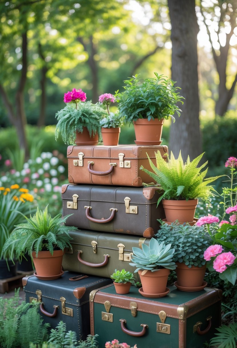 Stacked vintage suitcases used as plant stands holding various potted plants in a garden setting.