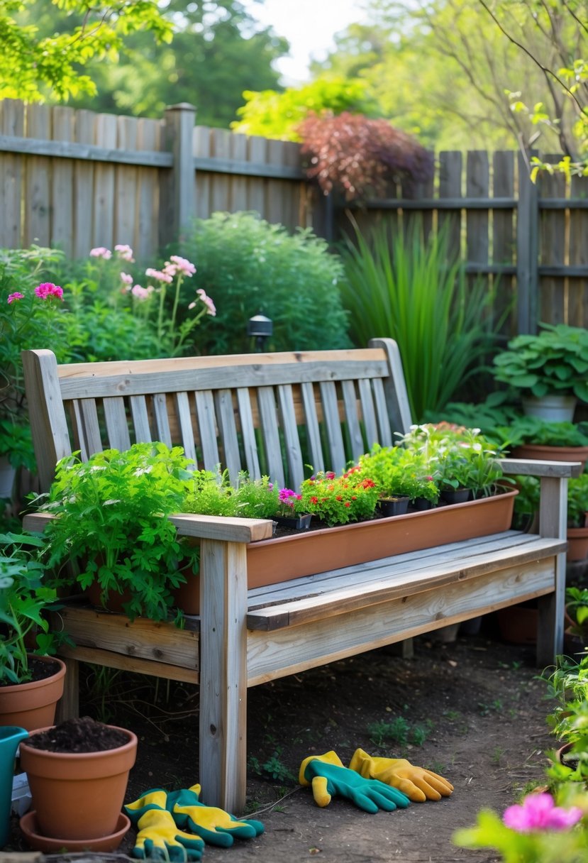 A garden scene showing a bench made from an old sofa frame with planter boxes on each side, surrounded by green plants and flowers.
