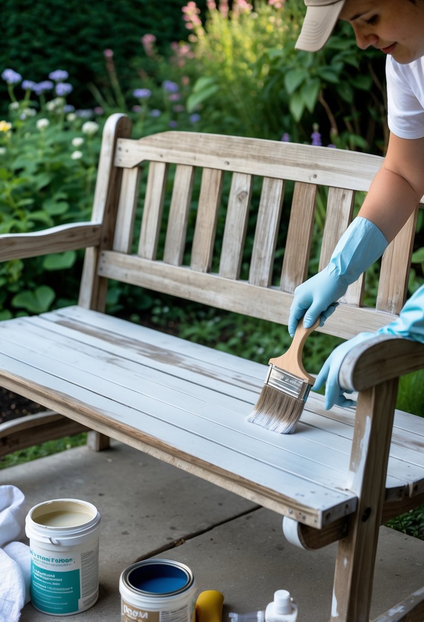 A wooden patio bench being repainted and weatherproofed outdoors in a garden.
