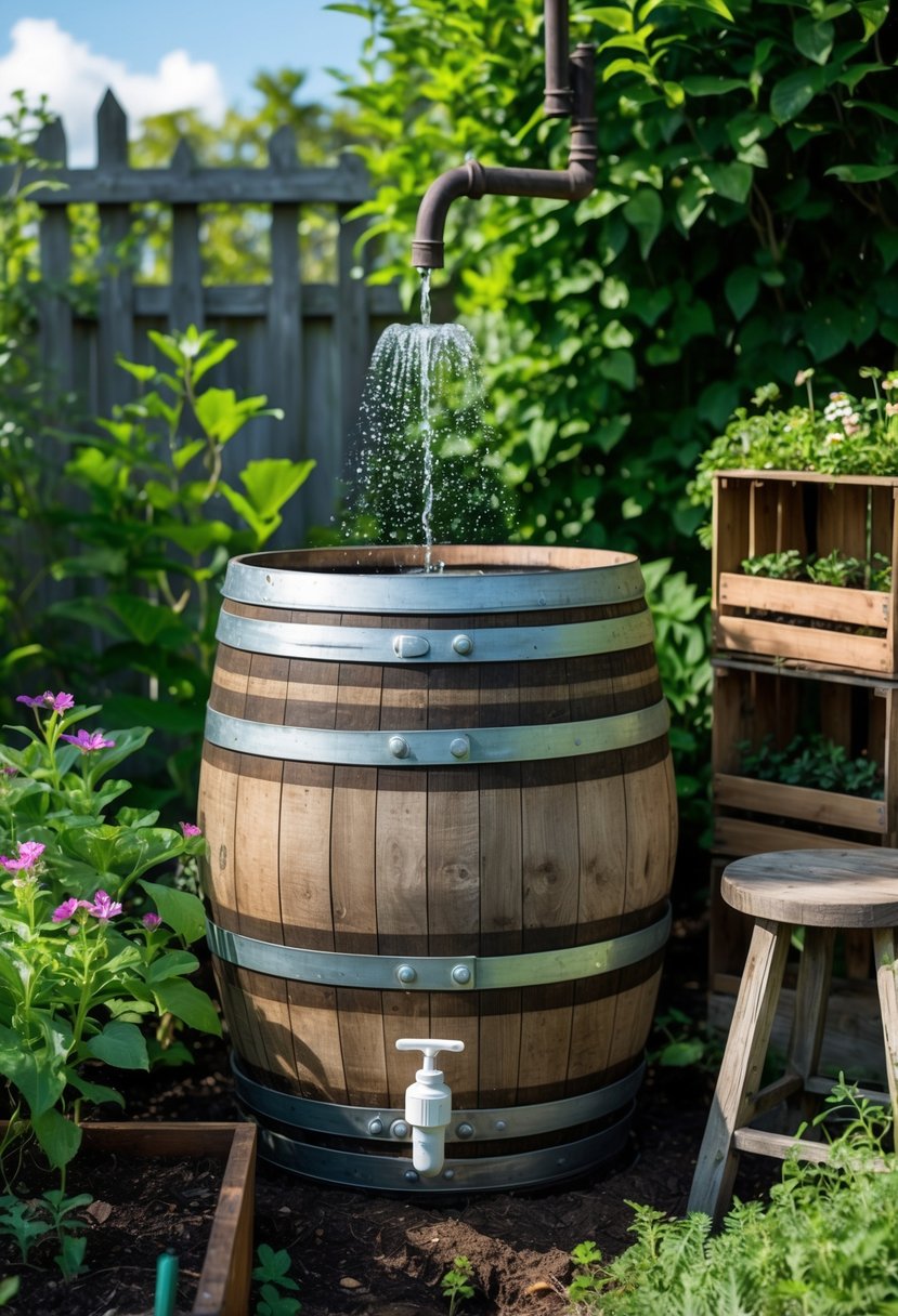 An old wine barrel repurposed as a rainwater collector in a garden, surrounded by plants and upcycled furniture.