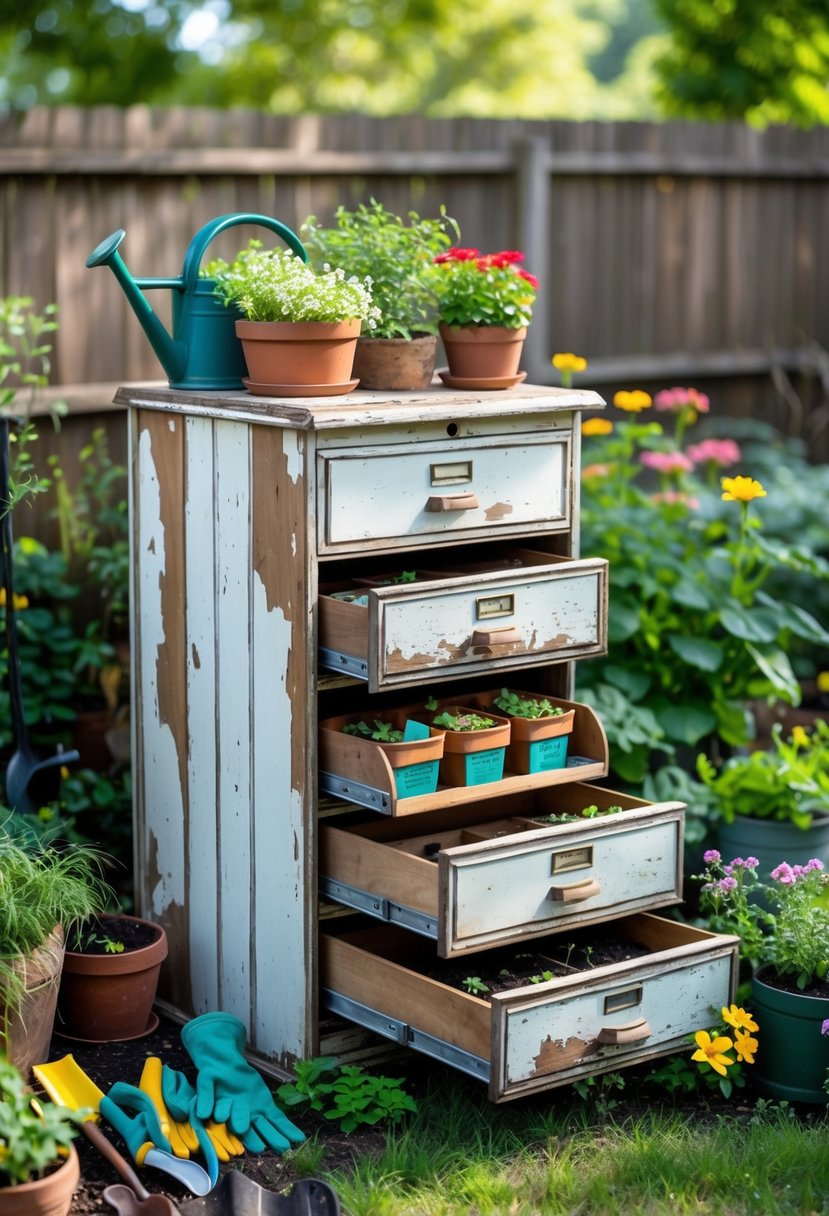 A vintage filing cabinet used as garden storage with gardening tools and plants around it in a garden.