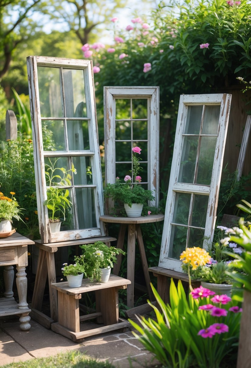 Outdoor garden with old wooden window frames used as decorative displays among plants and vintage furniture.
