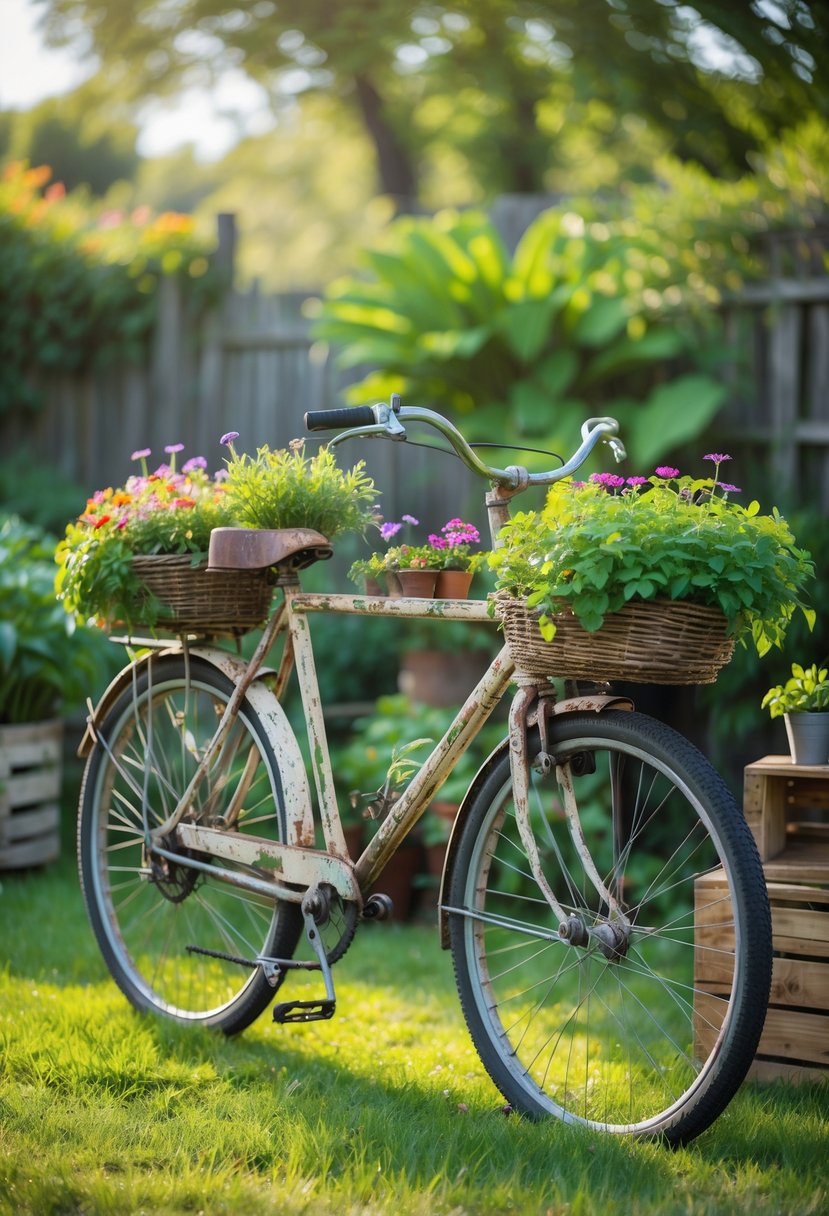 An old bicycle used as a plant holder with colorful flowers and greenery in a sunny garden surrounded by other repurposed furniture planters.