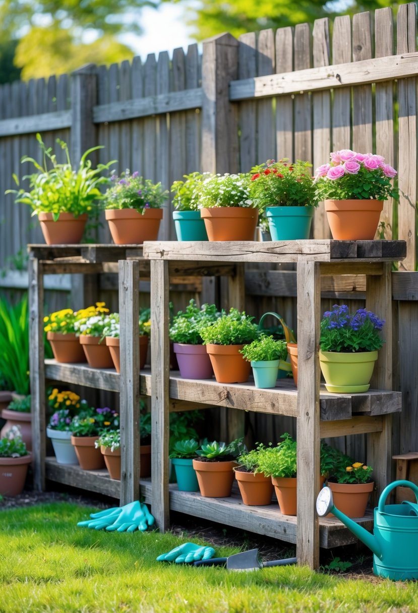 Old wooden shelves outdoors holding colorful flower pots with plants and gardening tools nearby in a garden.