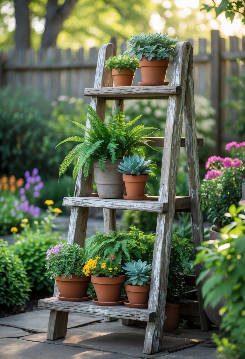 An old wooden ladder used as a plant stand holding various potted plants in a garden.