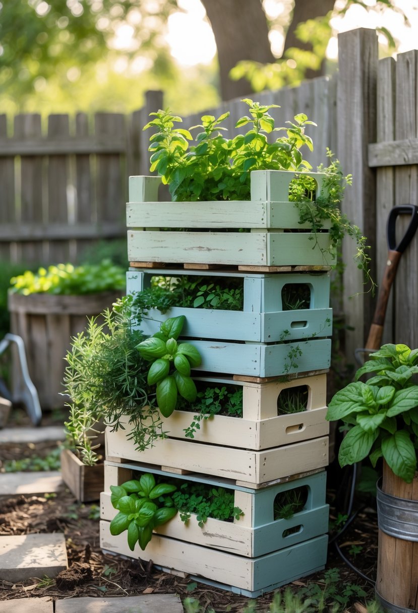 Stacked old wooden crates painted and used as planters filled with fresh green herbs in a garden setting.