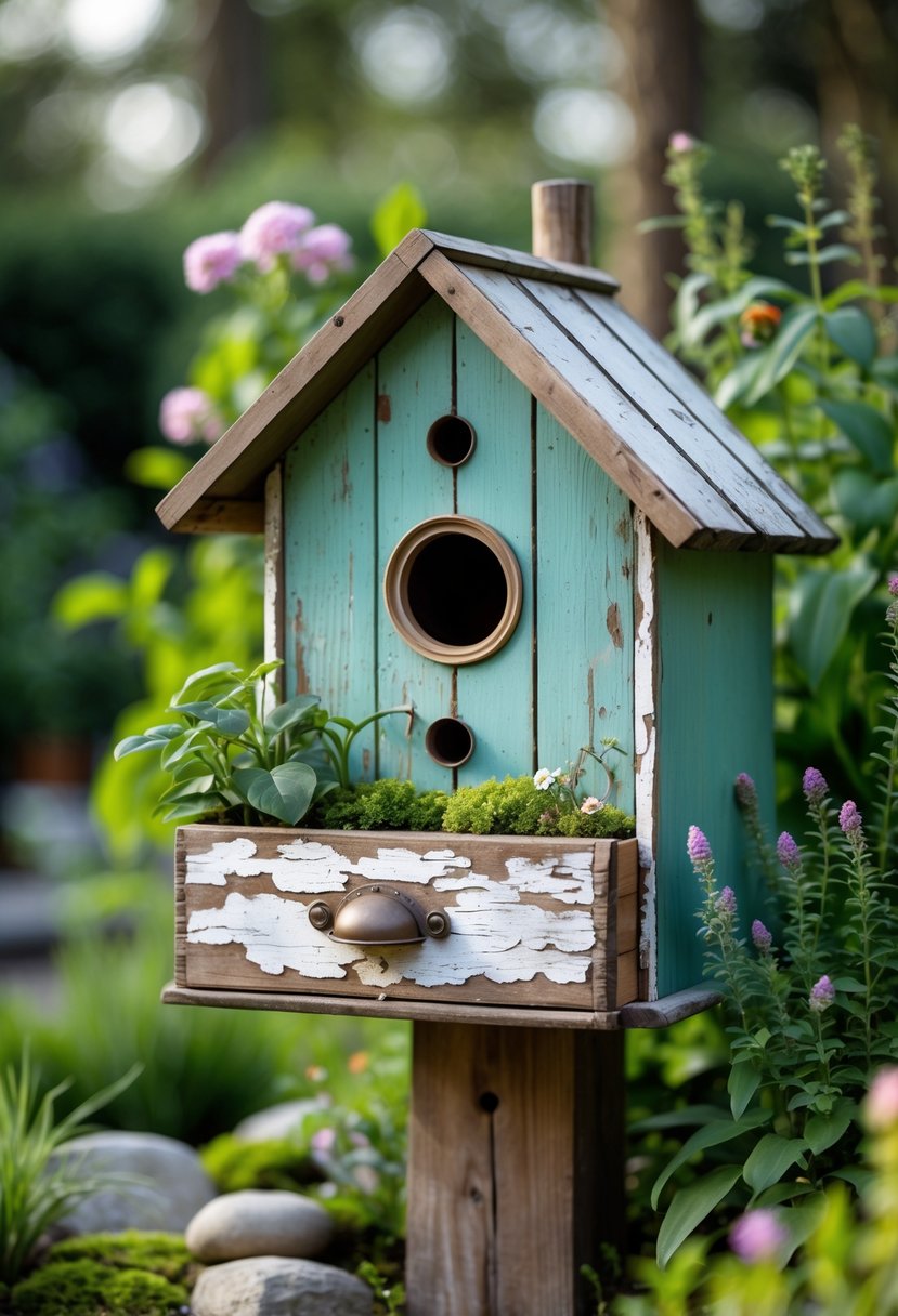 A vintage wooden drawer converted into a birdhouse standing in a garden surrounded by plants and flowers.