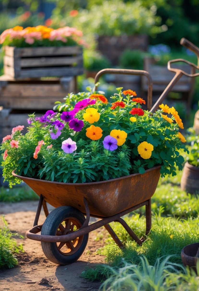 A rusty wheelbarrow filled with colorful flowers set in a garden with grass and rustic garden tools around it.