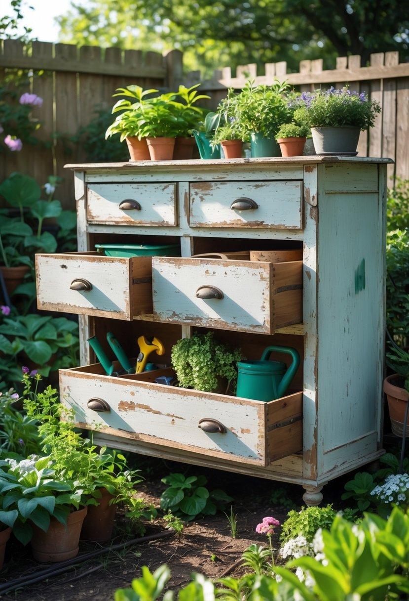 An old wooden dresser used as garden storage surrounded by plants and gardening tools.