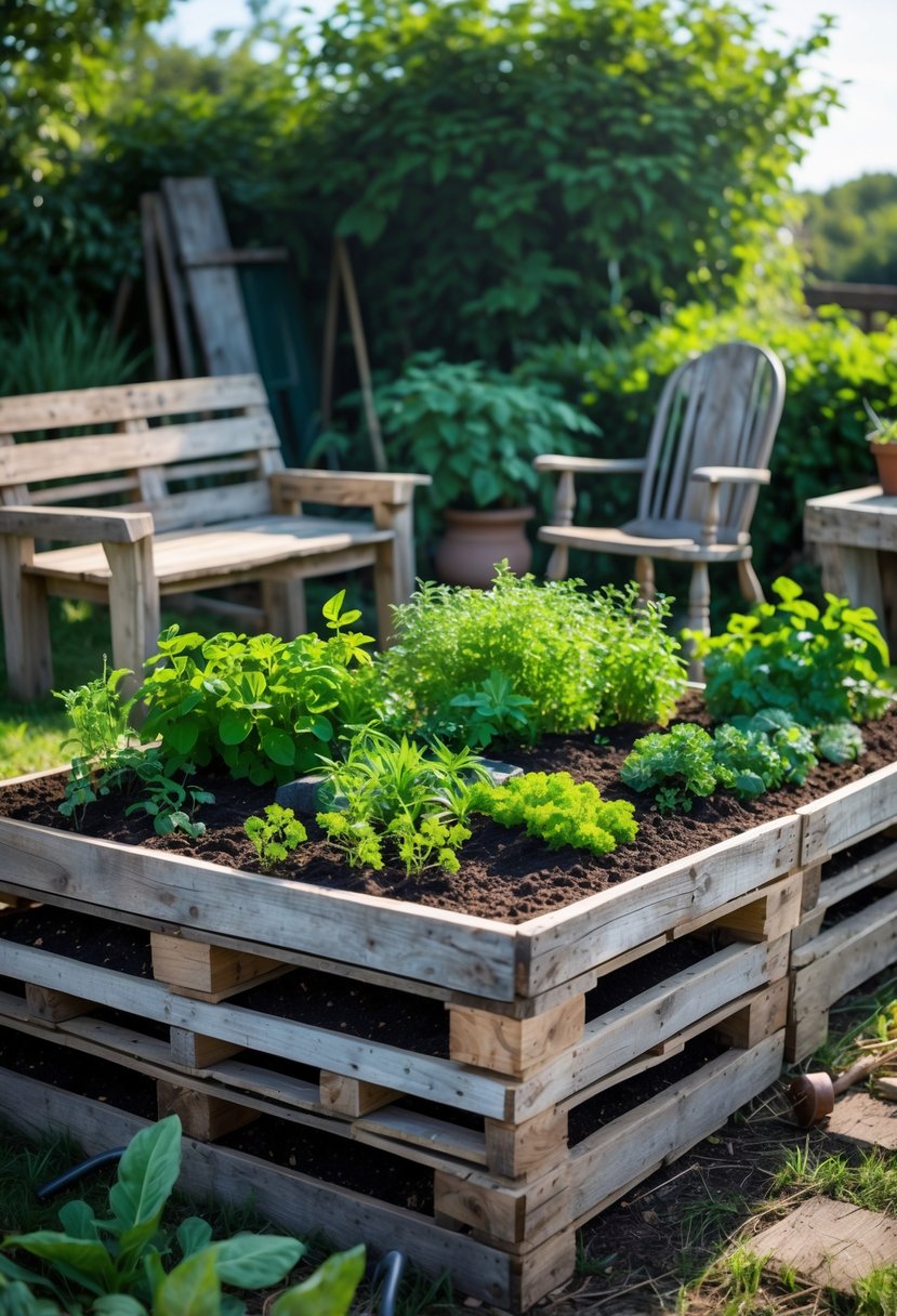A raised garden bed made from wooden pallets filled with plants, surrounded by old wooden furniture in an outdoor garden.
