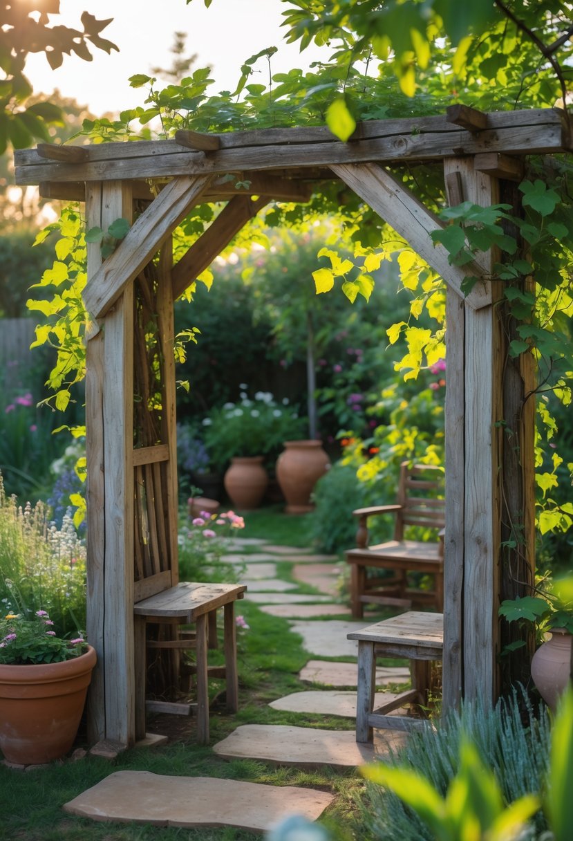 A rustic garden arch made from salvaged wood stands surrounded by green plants and blooming flowers in a garden.