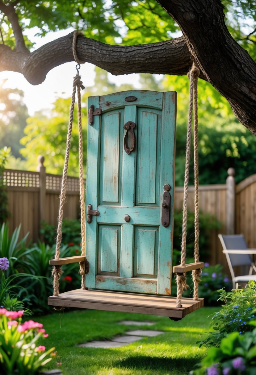 A garden swing made from an old wooden door hanging from a tree in a green garden with flowers.