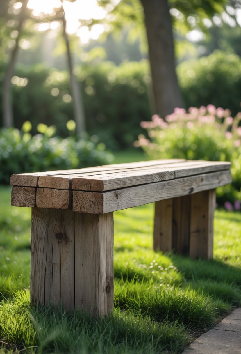 A wooden bench made from reclaimed wood placed in a garden surrounded by grass and plants.