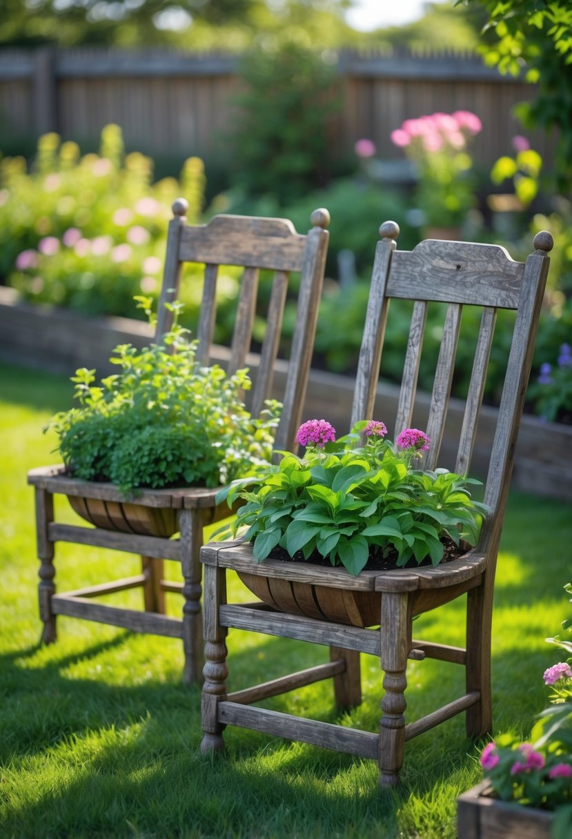 Vintage wooden chairs used as planters filled with green plants and flowers in a garden setting.