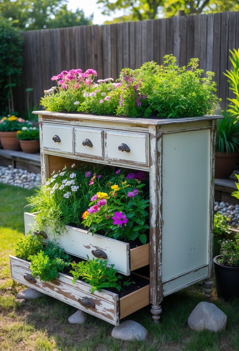 An old wooden dresser outdoors repurposed as flower beds filled with blooming flowers and plants.