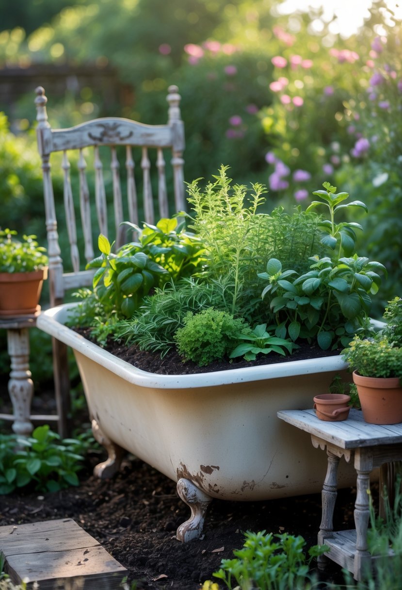 A vintage bathtub filled with various green herbs used as a garden planter, surrounded by rustic old wooden furniture and gardening tools in a sunny garden setting.