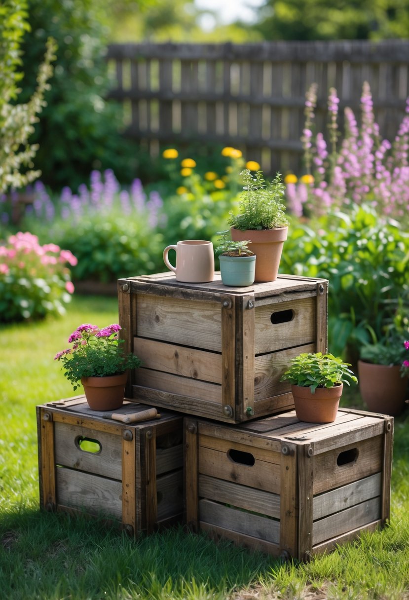 Outdoor garden with vintage wooden crates used as side tables surrounded by plants and flowers.