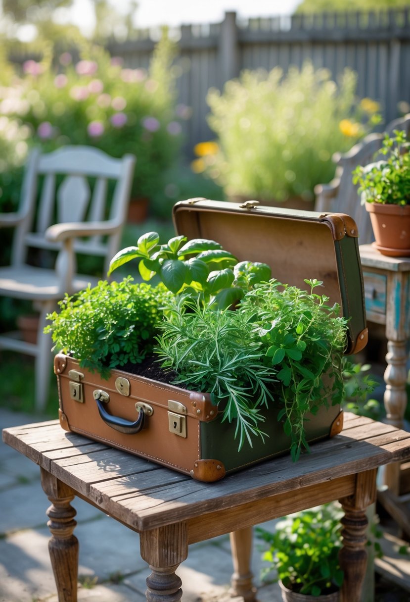 An old suitcase filled with green herbs sitting on a wooden table surrounded by rustic garden furniture in a sunlit garden.