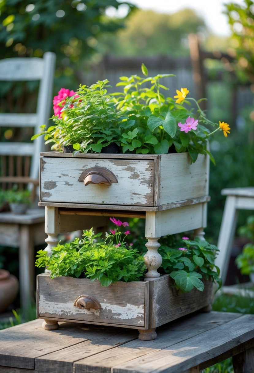 An old wooden drawer used as a planter filled with green plants and flowers in a garden setting.